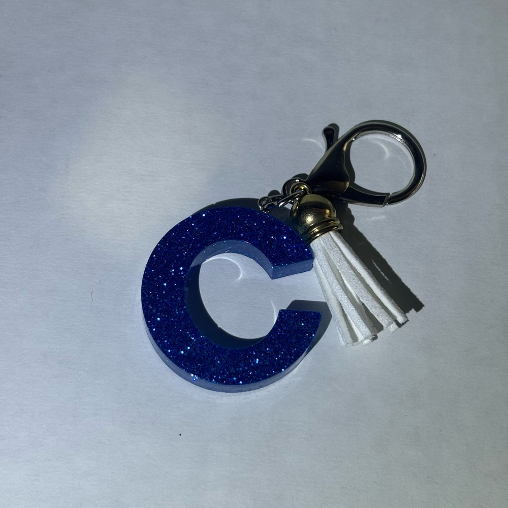 Blue Glitter Initial Keychain with Tassel